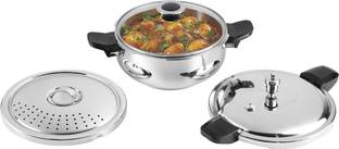 VINOD Magic Pressure Cooker with a pressure cooker lid,straining lid and glass lid 5.5 L Outer Lid Induction Bottom Pressure Cooker