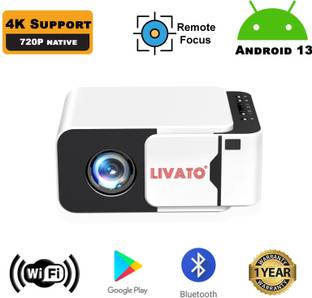 Livato T5 Android 13 4K Support Native 720P Remote Focus Wifi/Bluetooth/Auto Keystone (5000 lm / 1 Speaker / Wireless / Remote Controller) Portable Projector