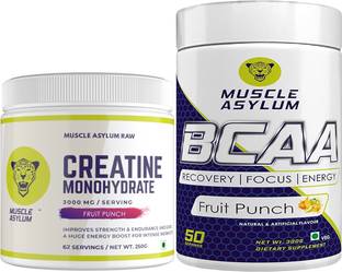 Muscle Asylum Creatine Powder - 250gm Fruit Punch & Bcaa Powder Fruit Punch 300g (Pack Of 2) Creatine