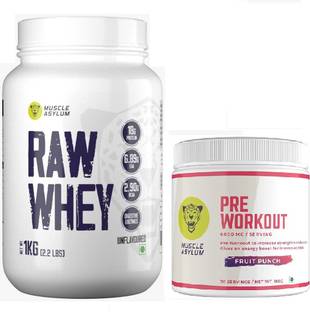Muscle Asylum Whey Protein Unflavoured, 1 kg + Pre-Workout - 30 Servings, 180gm (Fruit Punch) Whey Protein