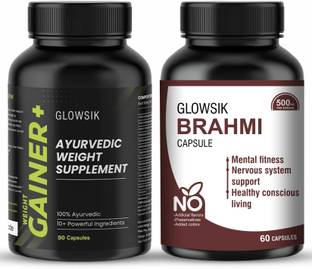 GLOWSIK Ayurvedic Gain+ Weight Gainer & Brahmi Capsules, Combo Kit (Pack of 2) Weight Gainers/Mass Gainers