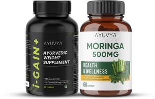 Ayuvya Ayurvedic i-Gain+ Weight Gainer & Moringa Capsules, Combo Kit (Pack of 2) Weight Gainers/Mass Gainers
