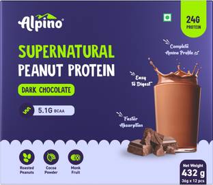 ALPINO Supernatural Peanut Protein Powder Dark Chocolate,24G Protein,(Pack of 12) Plant-Based Protein