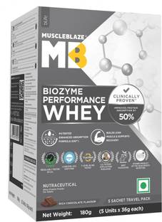 MUSCLEBLAZE Biozyme Performance, 5 Sachet Travel Pack (5x36g), 25g Protein Per Scoop Whey Protein