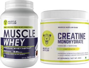 Muscle Asylum Premium Whey Protein 1kg Chocolate & Creatine Powder 250gm Lime Lemon Pack Of 2 Whey Protein