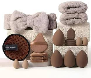 Cappuvini 20 Pcs Brown Makeup Sponge Set with Puff, Bow Headband & Clean Pad for Women"