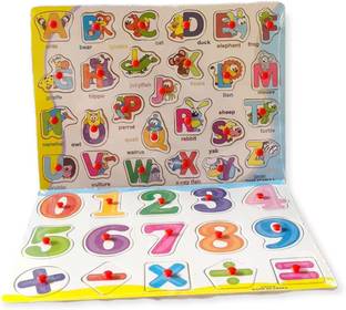 Pluspoint Wooden Alphabet Number Shape Puzzles Toddler Learning Puzzle Toys for Kids |