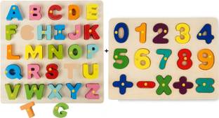 Plus Shine Wooden Alphabets and Numbers Puzzle in Shape Toys Game Math Counting Board