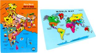 AArozworld Board Map with Knobs Kids Students India Map, (wooden map + world map)