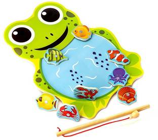 SHALAFI Education Wooden Frog Shape Magnetic Fish Rod Games Fishing Catching Shape Toys
