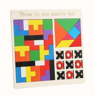 Voroly 3-in-1 Wooden Puzzle Toy for Kids Tangram,Tetris Block Tic Tac Toe