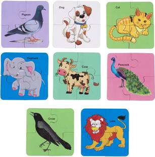 DgCrayons Wooden Colorful 4 Pic Animals & Birds Puzzle Set of 8 Block Jigsaw Floor Puzzle Early Education for Kids and Toddler Boys Girls Age 3+