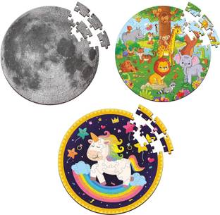 Webby Combo of Jungle|Moon|Unicorn Round Shape Wooden Puzzle for Kids (Set of 3)