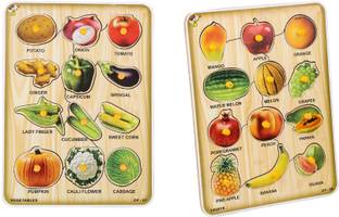 FUNTEEN Fruit & Vegetable Wooden Puzzle Combo (2 Wooden Boards)