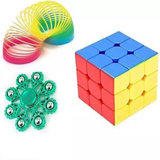 rainbow toys 3x3 Cube Big size Metal Spinner and Rainbow Colour Rings Combo (pack of 3)
