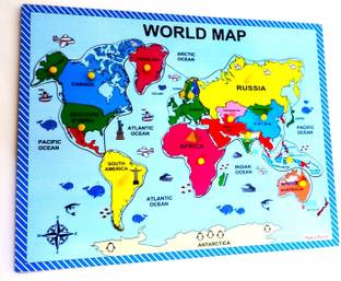 PETERS PENCE Wooden World Map Learning Puzzle Tray with Knobs for Kids Education