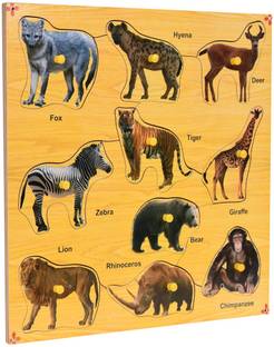jaraglobal Wooden Wild Animals Jigsaw Puzzle Tray with knobs for kids