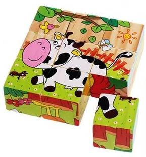 Toys R Us Universe of Imagination 3D Jigsaw Puzzle Wooden Cube 6 Face 9 Pcs with Storage Tray Kids 3+ Yrs (Farm)