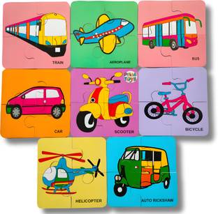 PRIMITOYS Wooden Transport Vehicle Puzzle - Educational Jigsaw Transport Puzzle (Set of 8)