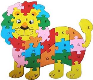 TRU TOYS Animal Shaped Wooden Jigsaw Puzzles, Alphabet Number Wooden Block Puzzles (Lion)