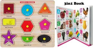 Plus Shine Colors & Geometric Shapes Matching Puzzle Learning & Educational Board+3in1 Book