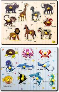 YaY Play Sea and Wild Animals Shape Pegboard Wooden Puzzles Combo Pack