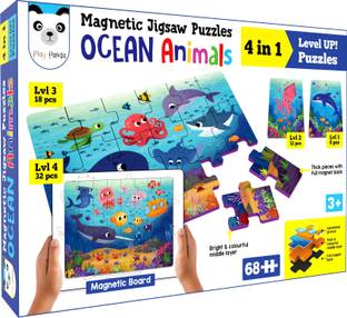 PLAY PANDA Magnetic Jigsaw Aquatic Animals Activity Box, 4 puzzles, GK Facts, Learn to draw