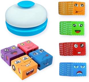 Reyhan Wooden Emoji Cube face Changing Game for Kids | 16 Cubes 64 Cards