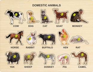 MECDOIT INTERNATIONAL Wooden Puzzle of Domestic Animal Name, Image with Color for Kids Education