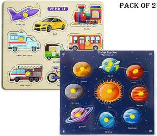 Plus Shine Pack of 2 Wooden Transports and Solar System Learning Puzzle Space Planets Toys