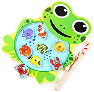 SHALAFI Fish Sorting Toy Wooden Magnetic Fishing Catching Games Pole With Flog Shape