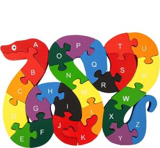 TRU TOYS Animal Shaped Wooden Jigsaw Puzzle, Alphabet Number Wooden Block Puzzles (Snake)
