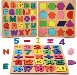 bachpan buzz Kids Colorful Wooden Puzzle Set Featuring 3D Capital Alphabets,Numbers & Shapes