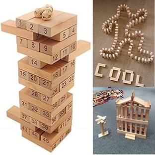 Goyal's Wooden Zenga Building Blocks Puzzle 48 Pcs Tile 4 Dice Stacking Game Maths