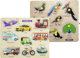 BUY SURETY Combo Wooden Educational Board Birds and Transport & Vehicle Learning Puzzle Toy