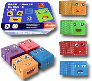 SALPITOYS Wooden Emoji Face Cube Matching Block Puzzle Game for Kids | 16 Cubes 64 Cards