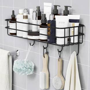 kridha Stainless Steel Iron Coating Self-Adhesive Metal Rack Storage Shelf with 4 Hook Stainless Steel Wall Shelf