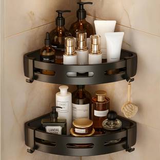 VRPRIME 2 Pc Self-Adhesive Aluminium Bathroom Corner Shelf | Space Saving Corner Rack Stainless Steel Wall Shelf
