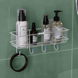 Impulse by Plantex Self-Adhesive Multipurpose Bathroom Shelf with Hooks/Towel Holder for Bathroom Stainless Steel Wall Shelf