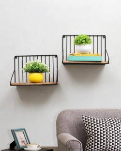 Homesake Metal Iron Wall Mount Shelf Bookshelf Floating Storage Wood Base,Single Set of 2 Iron Wall Shelf
