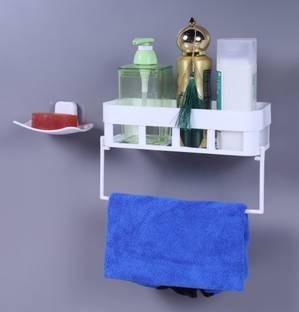 BRIZINGER Wall Shelf And Round Soap Stand Usefull For Home Kitchen With Towel Hanger Plastic Wall Shelf