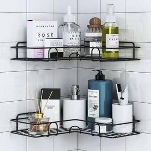 DXDT Multipurpose L Shape Wall Mounted Corner Shelf/Self Adhesive 11 inch 1 Bar Towel Rod