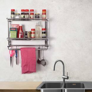 Livzing Multipurpose Wall Mount Kitchen 2-Tier Storage Shelf Stainless Steel Bathroom Hanging Rack Organizer with Hooks for Knives cutleries Stainless Steel Wall Shelf