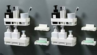 AGHORA TECHNOLOGIES Multipurpose Wall Shelves For Home Decor Self Adhesive Traceless Kitchen Organizer Plastic Hanging Bathroom Shelves Desktop Wall Mount No Drill Required Kitchen Rack Bathroom racks and shelves For Storage Soap Stand Plastic Corner Shelf With Magic Sticker Plastic Wall Shelf (4 Wall Shelves, 4 Soap Dishes) Plastic Wall Shelf