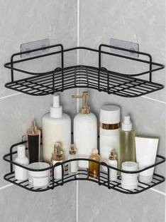 Plantex Bathroom Corner Shelf/Wall Shelf With Self Adhesive Hooks/Shelf Organizer Steel Wall Shelf