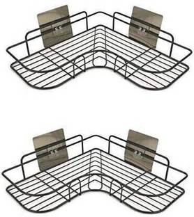 SteelHaven Self-Adhesive Metal Bathroom Corner Rack Storage Shelves, Shelf Organizer- Black Iron Wall Shelf