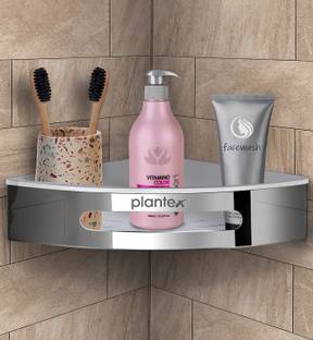 Plantex Wall Mount ABS Corner/Bathroom/Kitchen Shelf (Silver and White, 9x9 Inches) Plastic, Stainless Steel Wall Shelf