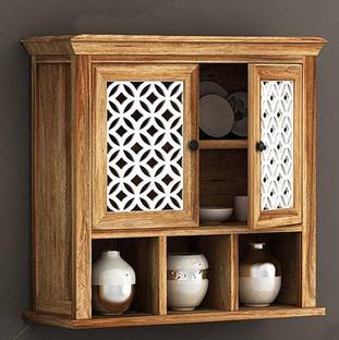 WOODSTAGE Solid Wood Wall Mounted Shelf Rack With Cabinet For Display And Storage Wooden Wall Shelf