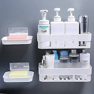 Qrex Multipurpose 2 Pcs Bathroom Shelf Wall Mounted Bathroom Kitchen No Drill Storage Rack Super Adhesive Bathroom Shower Organizer Rack Shelf with 2 Pc Soap Holder Dish Tray (Pack of 4, White Coor) (2 Bathroom Shelves + 2 Soap Dish Holder)