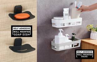 ALUCINANTE 2 Self Adhesive Curve Soap Cases And 2 Wall Shelf For Home, Kitchen And Bathroom